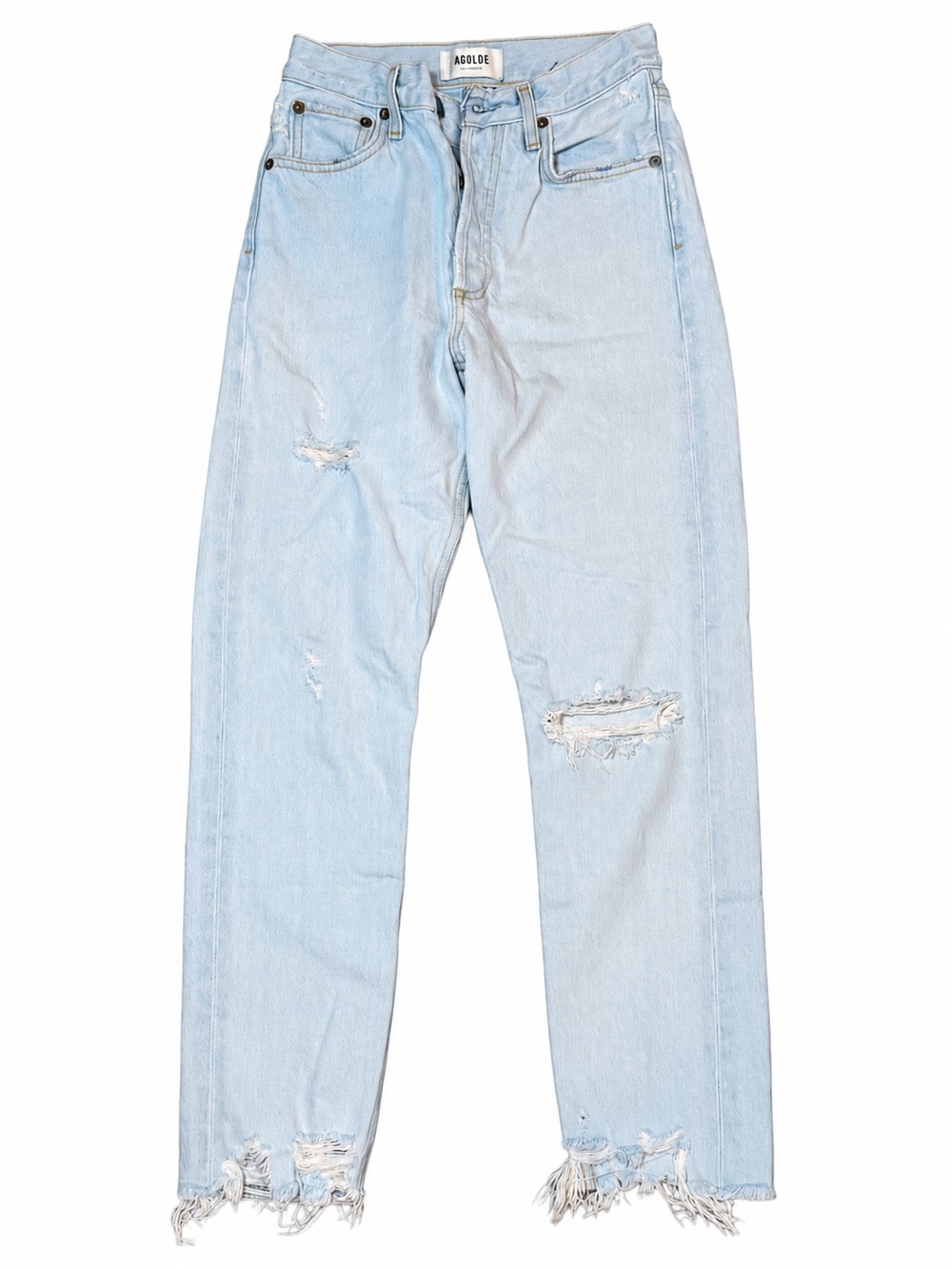 AGOLDE Jamie High Rise Classic Jeans 24 Light Wash Distressed Raw Hem